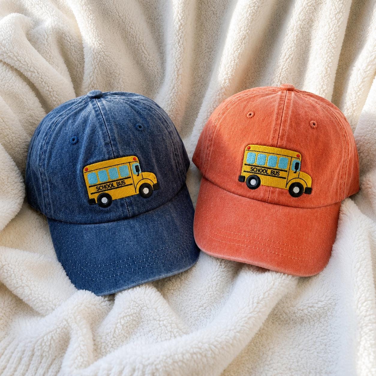 Embroidered Kids School Bus Hat, Washed Denim Baseball Cap, Toddler Embroidered Hat, Back to School Gift