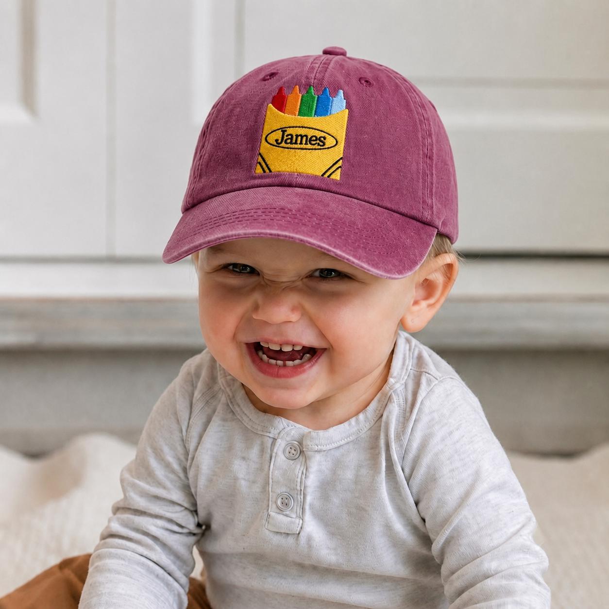 Personalized Kids Hat Custom Name Crayon Box Baseball Cap, Boys Girl Toddler Hat Back to School Gift Washed Denim