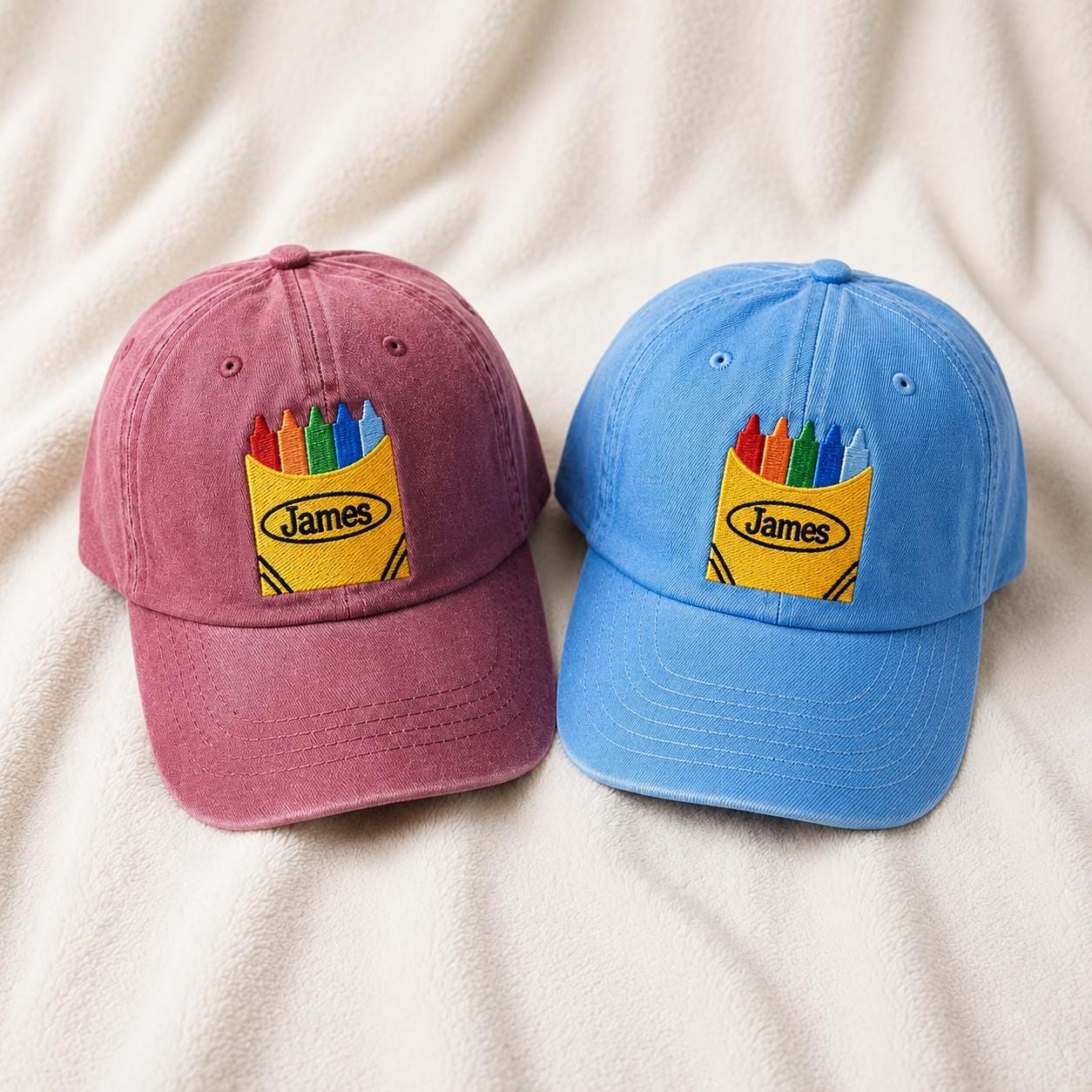 Personalized Kids Hat Custom Name Crayon Box Baseball Cap, Boys Girl Toddler Hat Back to School Gift Washed Denim