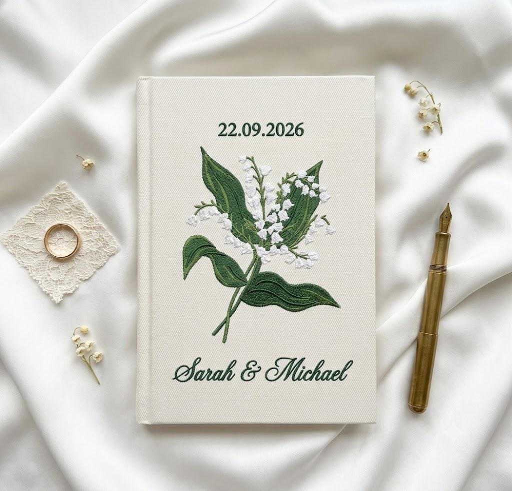 Personalized Wedding Photo Album, Lily of the Valley Embroidered Guest Book, Custom Linen Scrapbook, Bridal Shower Gift