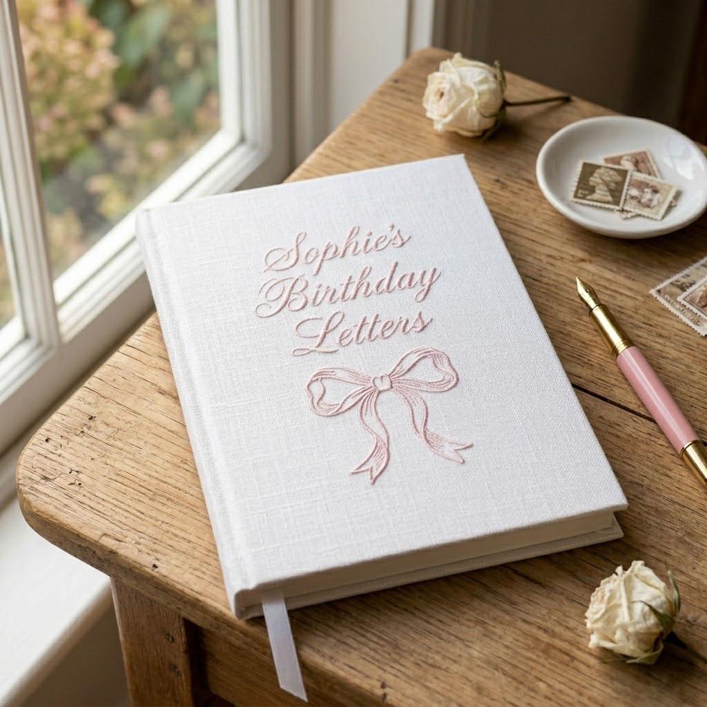 Personalized Birthday Photo Album, Embroidered Ribbon Bow Guest Book, Custom Linen Letters Journal, Coquette Scrapbook Gift