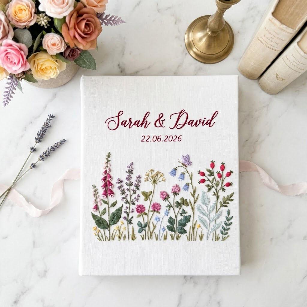 Personalized Wedding Photo Album, Embroidered Wildflower Guest Photo, Custom Boho Floral Linen Scrapbook, Bridal Shower Gift