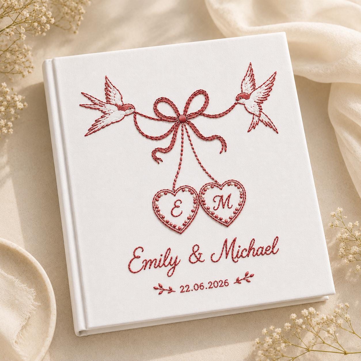 Personalized Wedding Photo Album, Embroidered Lovebird Guest Book, Red Ribbon Coquette Scrapbook, Custom Linen Memory Book