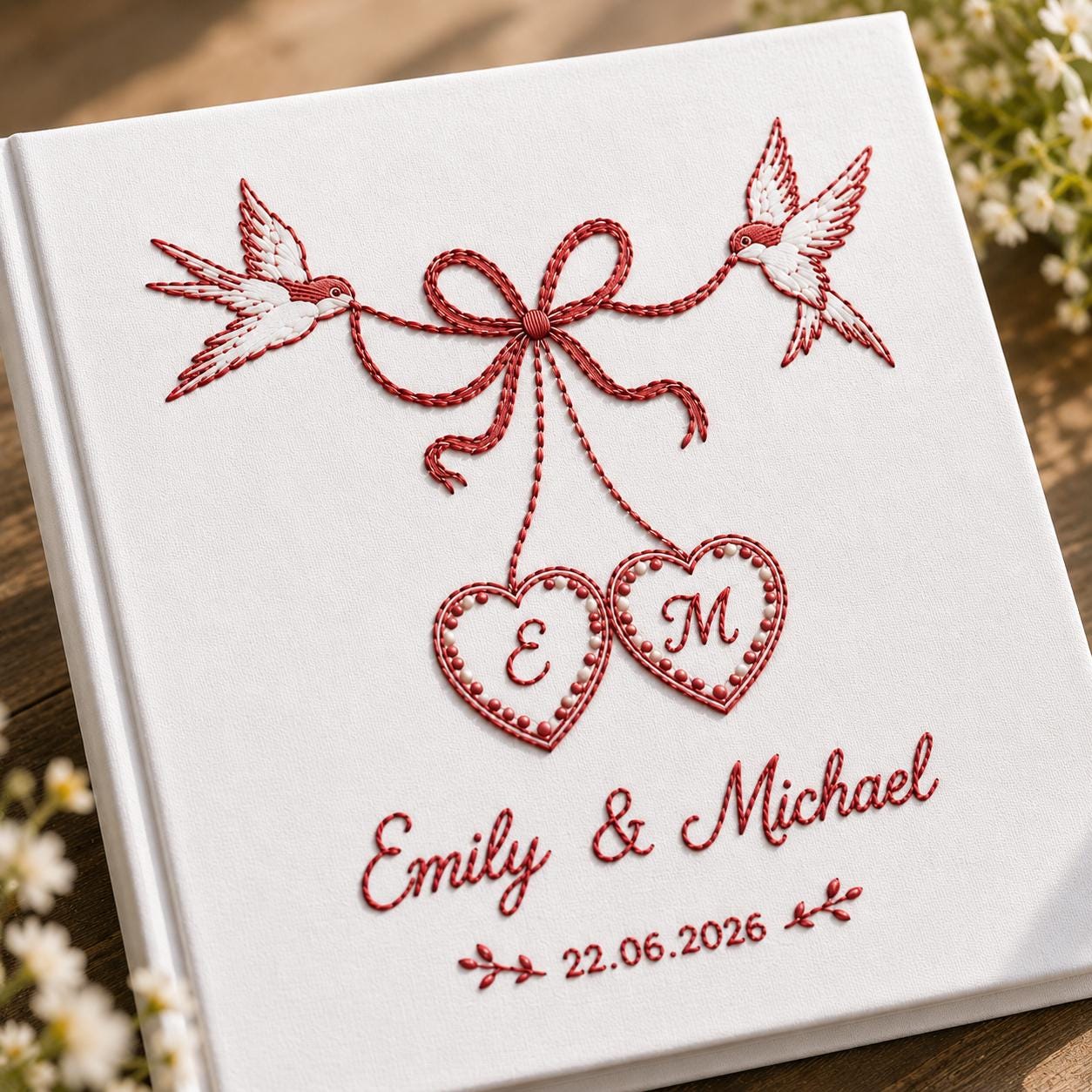 Personalized Wedding Photo Album, Embroidered Lovebird Guest Book, Red Ribbon Coquette Scrapbook, Custom Linen Memory Book