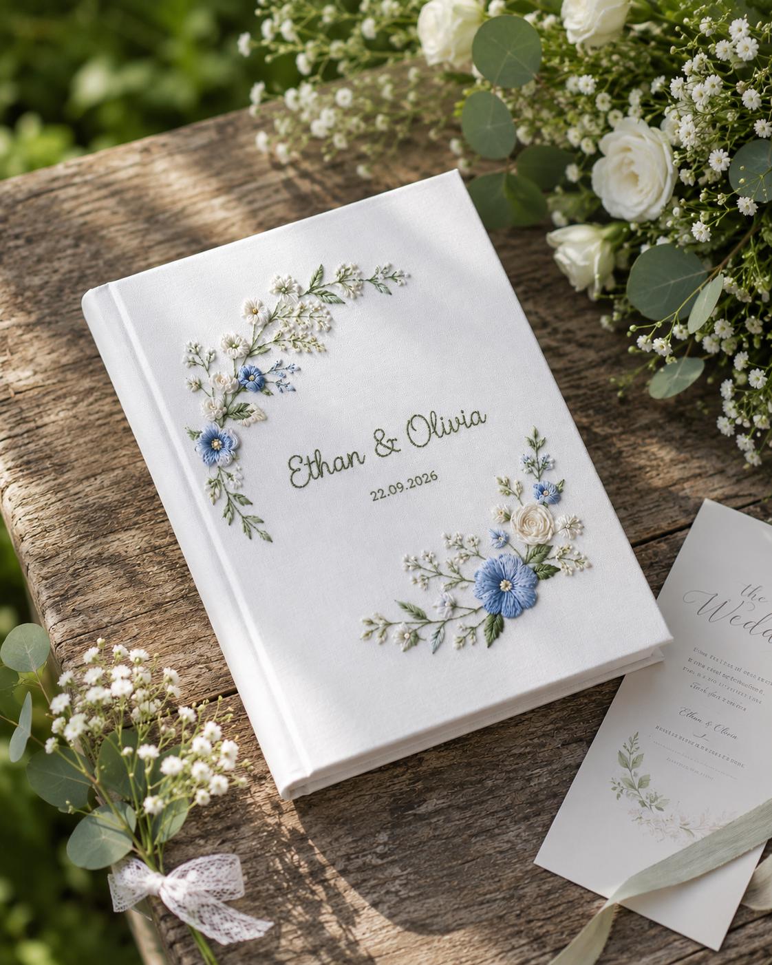 Personalized Wedding Photo Album, Something Blue Embroidered Guest Book, Custom Floral Linen Scrapbook, Bridal Shower Gift