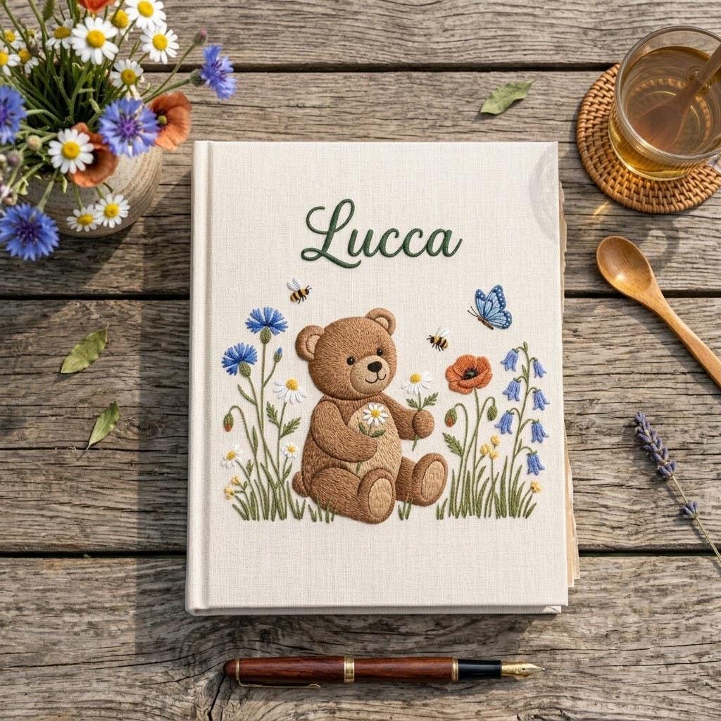 Personalized Baby Photo Album, Embroidered Teddy Bear Memory Book, Custom Linen Scrapbook, Baby Shower Gift, Nursery Keepsake