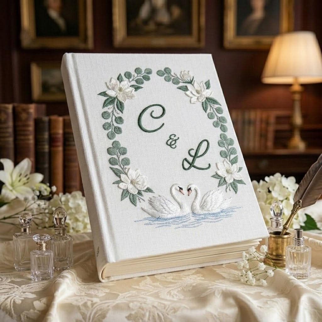 Personalized Wedding Photo Album, Embroidered Swan Guest Book, Custom Linen Scrapbook with Floral Wreath, Bridal Shower Gift