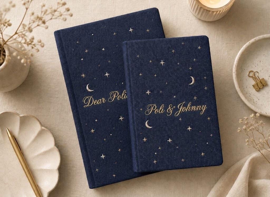 Personalized Photo Album, Celestial Linen Scrapbook, Custom Star Moon Wedding Album, Navy Blue Velvet Photo Book, Anniversary Gift