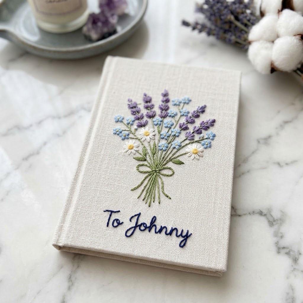 Custom Embroidered Photo Album, Personalized Lavender Linen Scrapbook, Boho Floral Memory Book, Wedding Guest Book, Gift For Couples
