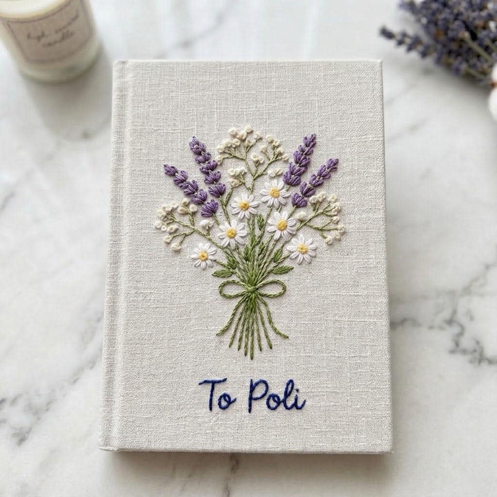 Custom Embroidered Photo Album, Personalized Lavender Linen Scrapbook, Boho Floral Memory Book, Wedding Guest Book, Gift For Couples