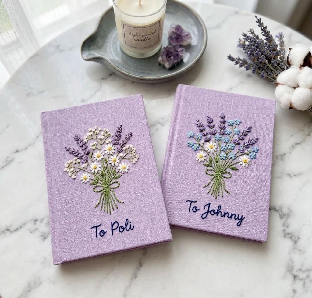 Custom Embroidered Photo Album, Personalized Lavender Linen Scrapbook, Boho Floral Memory Book, Wedding Guest Book, Gift For Couples
