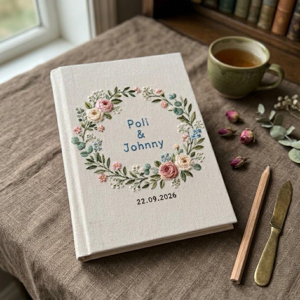 Personalized Embroidered Photo Album, Custom Linen Wedding Memory Book, Floral Scrapbook Album, Unique Anniversary Gift for Couple