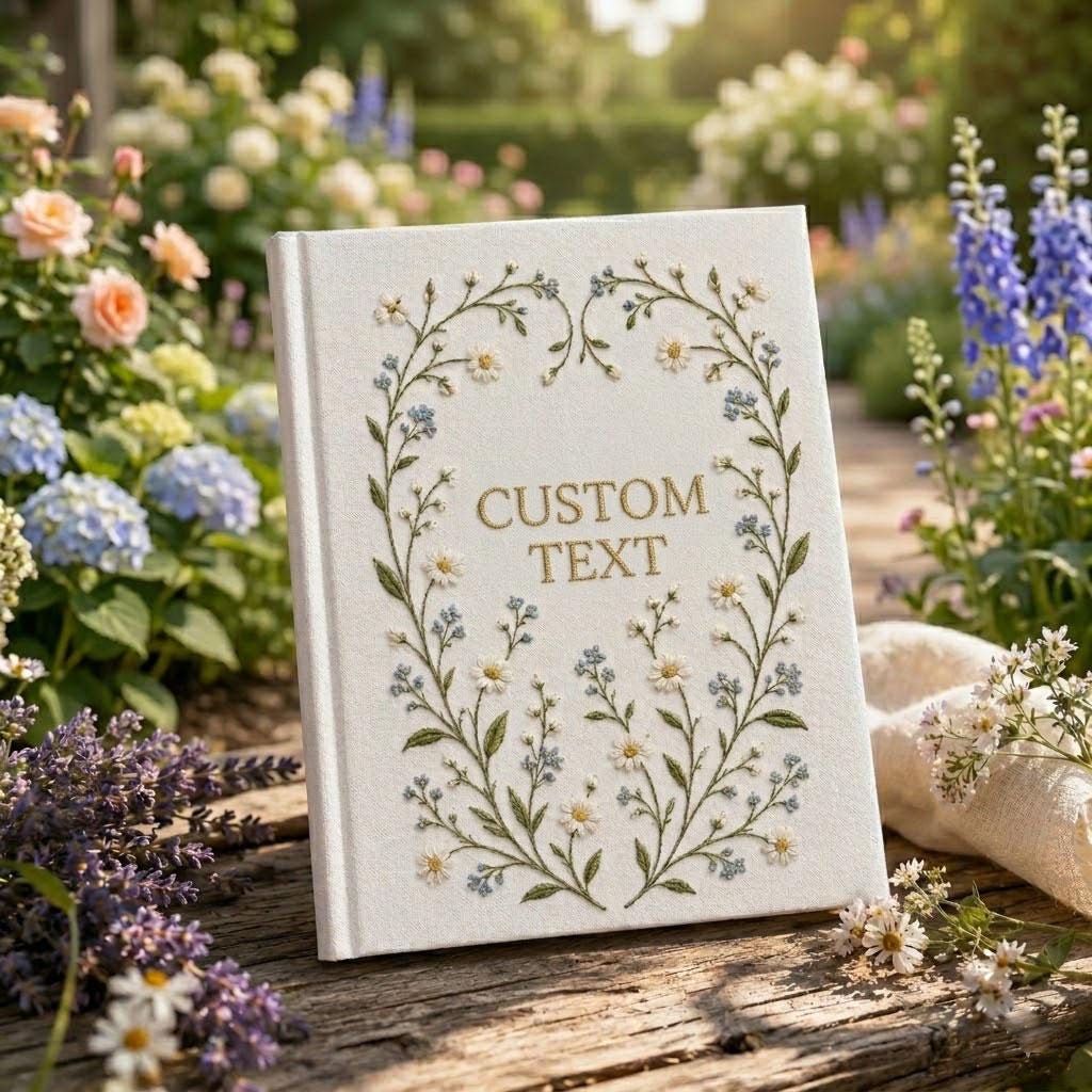 Personalized Embroidered Photo Album, Custom Wildflower Linen Memory Book, Botanical Wedding Guest Book, Floral Scrapbook Gift