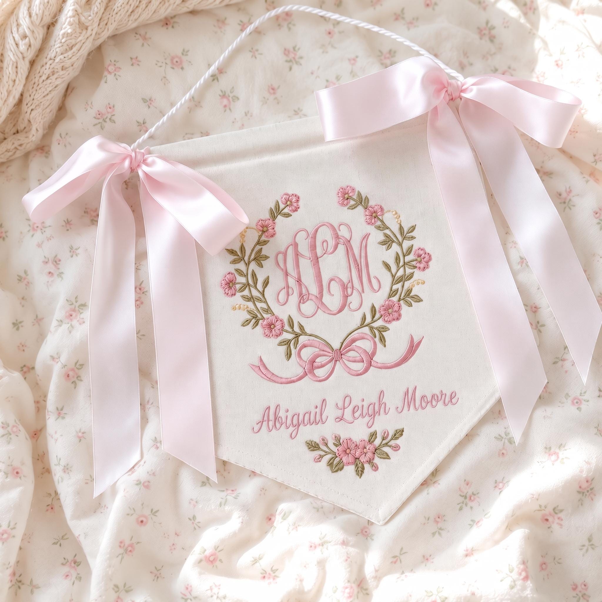 Custom Monogram Baby Girl Nursery Pennant, Pink Bow Floral Name Banner, Personalized Coquette Wall Decor, Baby Shower Gift