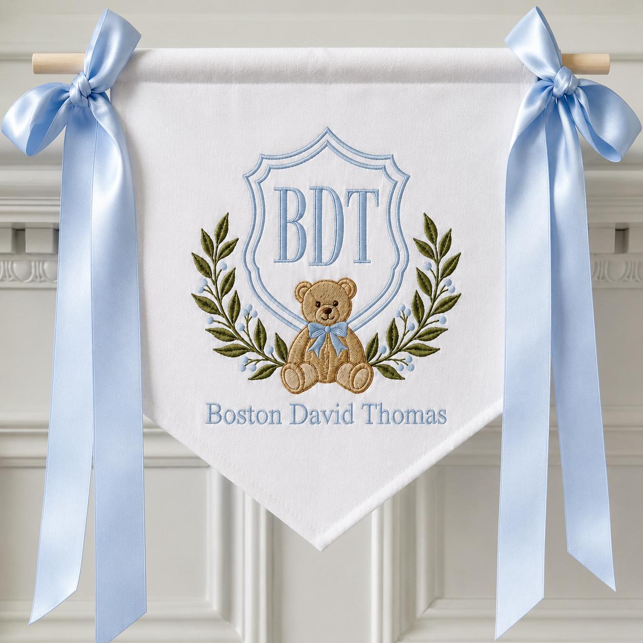Personalized Baby Boy Hospital Banner, Embroidered Monogram Newborn Name Sign, Teddy Bear Nursery Decor Sign, Newborn Shower Gift