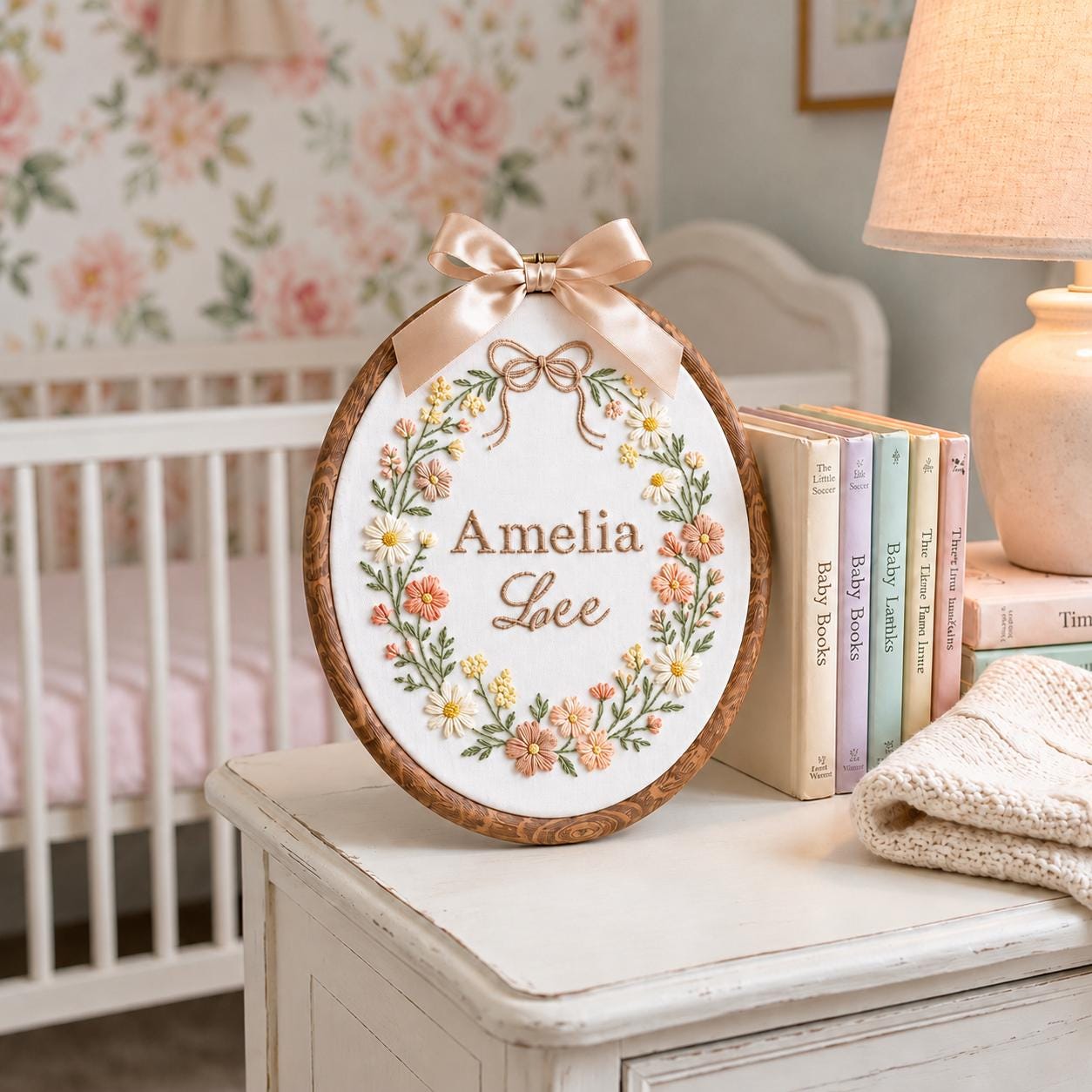 Embroidered Baby Name & Wildflower Hoop Sign, Personalized Embroidery Floral Nursery Wall Decor, Baby girl Announcement, Newborn Gift