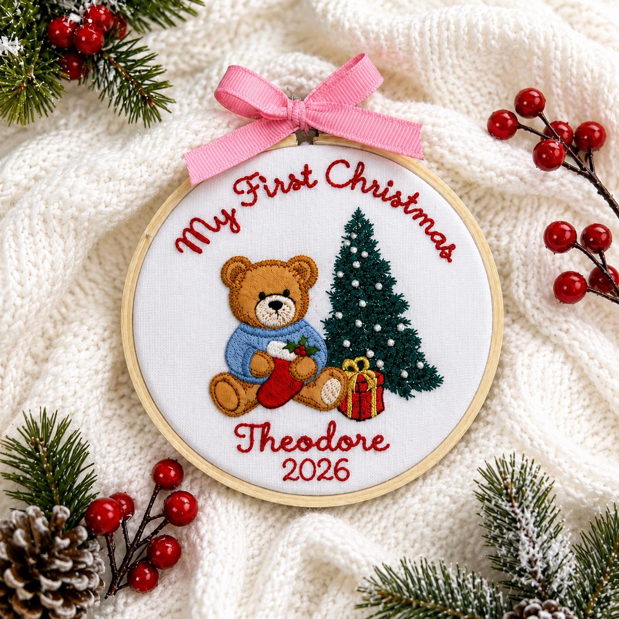 Baby First Christmas Ornament Personalized, Embroidered Teddy Bear Hoop with Name and Year, Baby Boy Baby Girl Keepsake Gift 2026