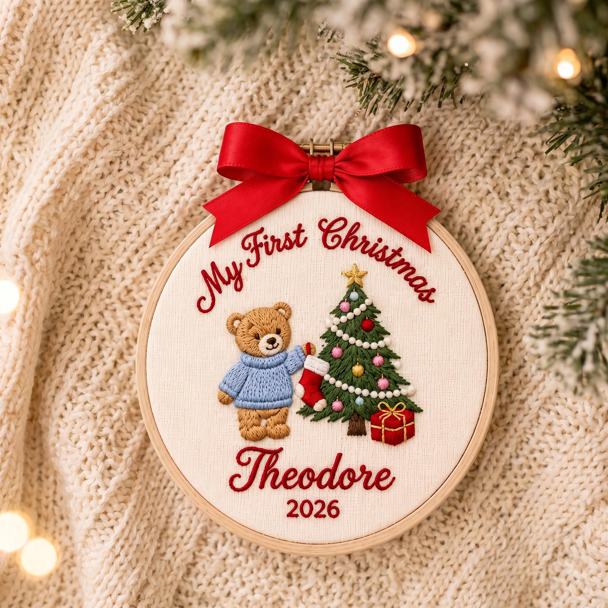 Personalized First Christmas Ornament 2026, Custom Baby Name Embroidered Hoop Ornament, Teddy Bear Christmas Tree Decor, Newborn Gift