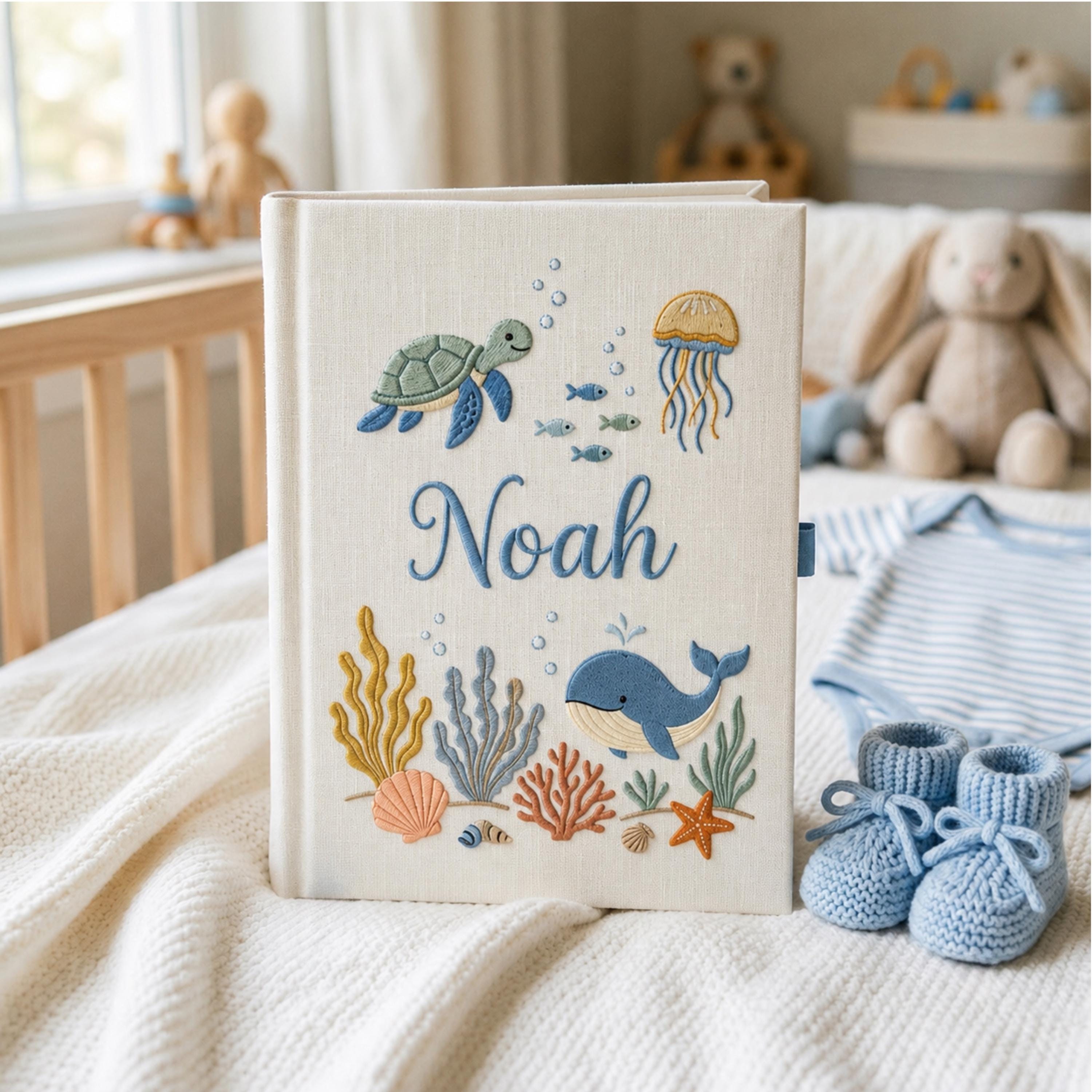 Personalized Under The Sea Baby Memory Book Embroidered, Ocean Adventure Baby Scrapbook Album, Baby Photo Album, Baby Keepsake Album