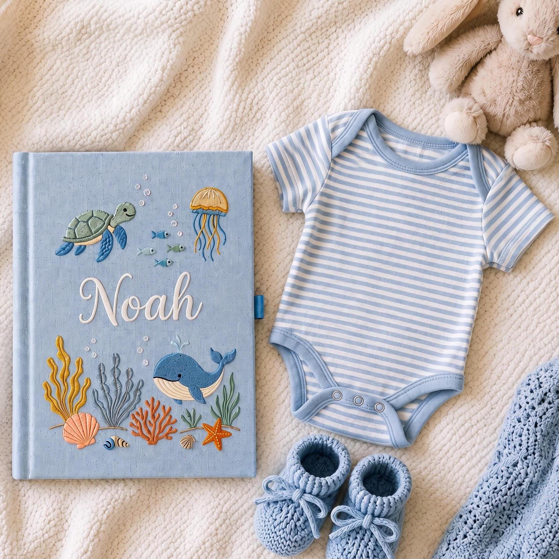 Personalized Under The Sea Baby Memory Book Embroidered, Ocean Adventure Baby Scrapbook Album, Baby Photo Album, Baby Keepsake Album