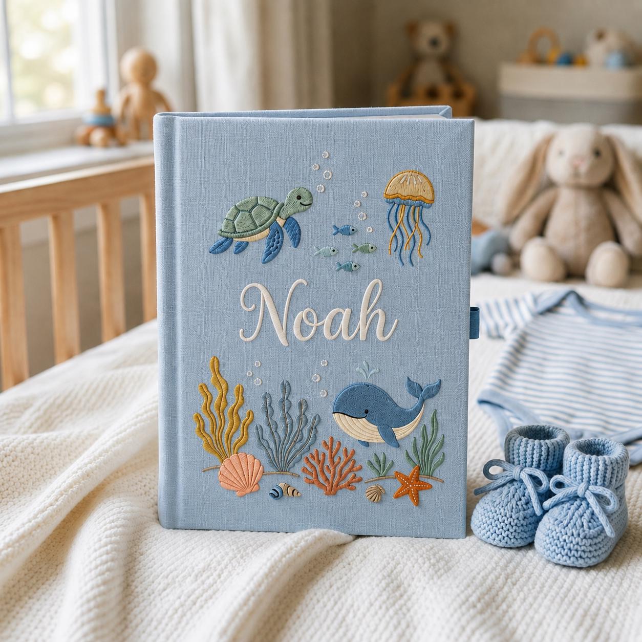 Personalized Under The Sea Baby Memory Book Embroidered, Ocean Adventure Baby Scrapbook Album, Baby Photo Album, Baby Keepsake Album