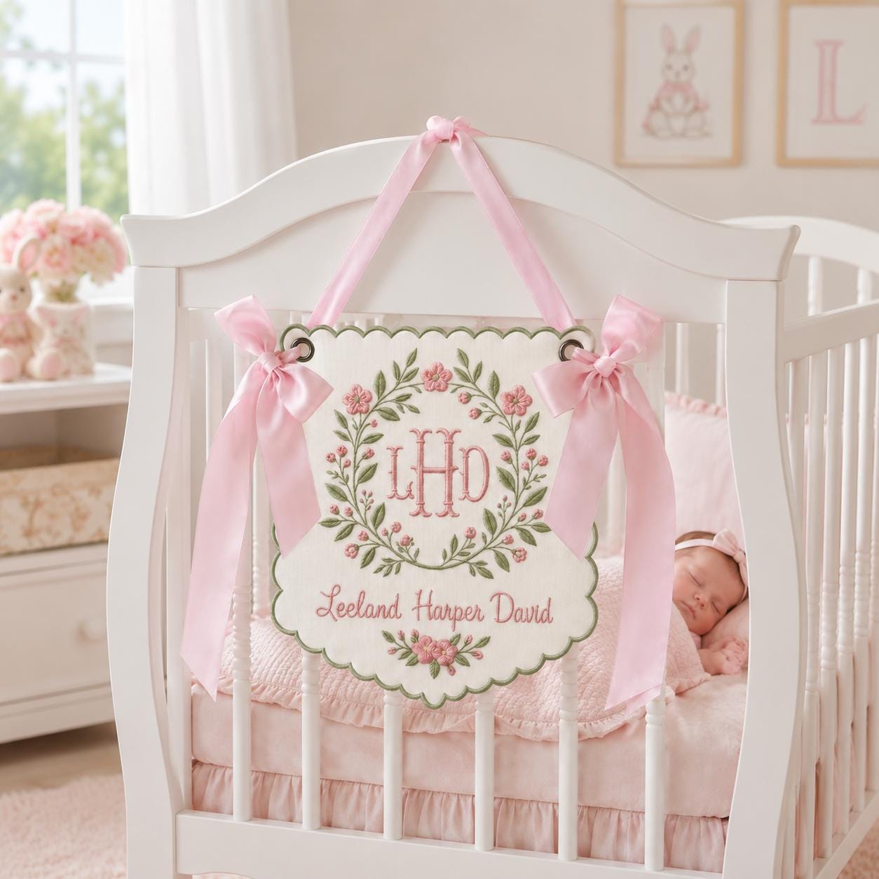 Personalized Baby Girl Hospital Banner, Embroidered Monogram Newborn Name Sign, Floral Nursery Decor