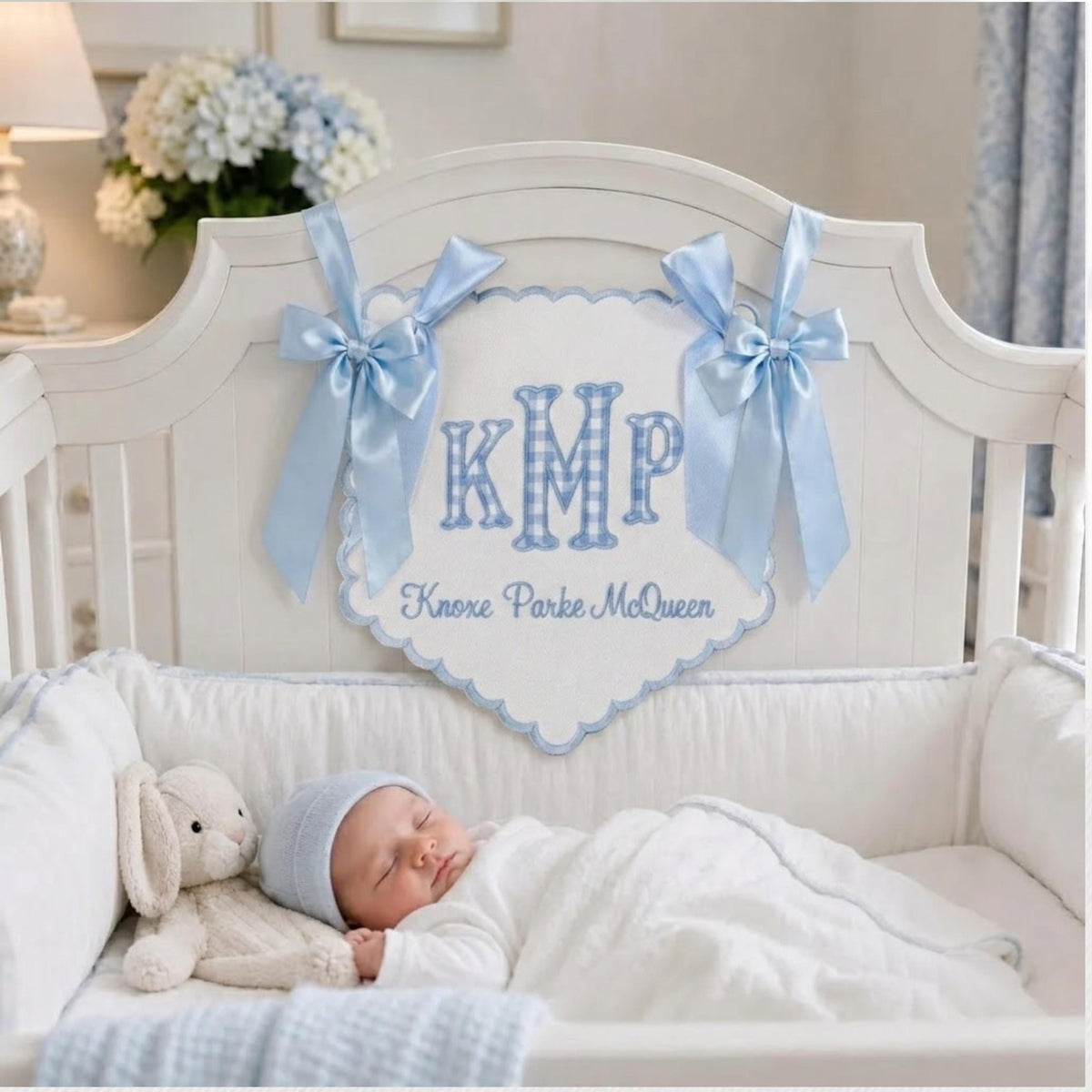 Personalized Baby Name Banner, Custom Embroidered Nursery Banner, Blue Gingham Monogram Crib Hanging, Baby Boy Nursery Decor Gift