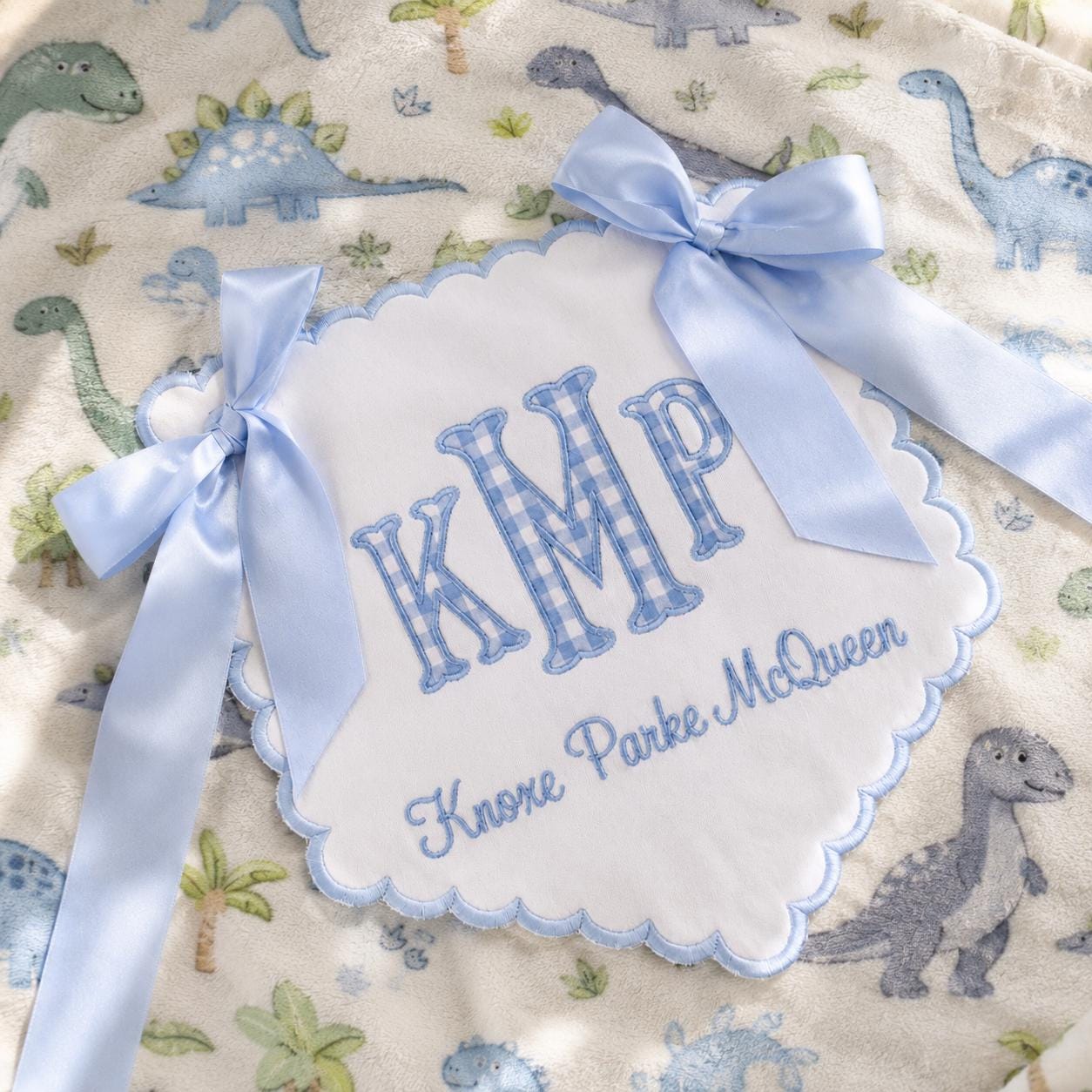 Personalized Baby Name Banner, Custom Embroidered Nursery Banner, Blue Gingham Monogram Crib Hanging, Baby Boy Nursery Decor Gift