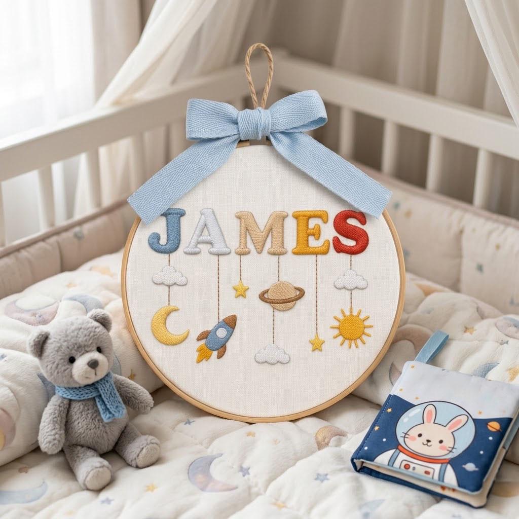 Personalized Space Nursery Decor Boy, Custom Baby Name Embroidery Hoop Art, Rocket Room Sign, Unique Newborn Gift, Baby Shower Gift