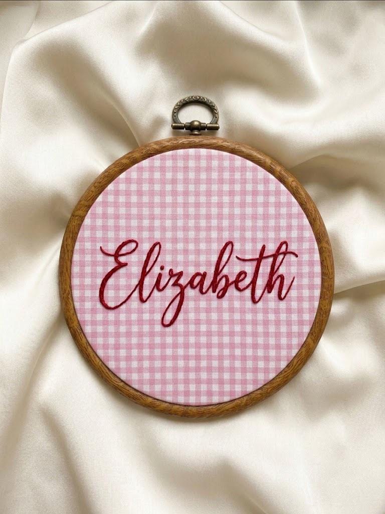 Personalized Gingham Name Ornament, Custom Embroidered Hoop Art, Baby Nursery Decor, Keepsake Newborn Gift, Christmas Tree Decor