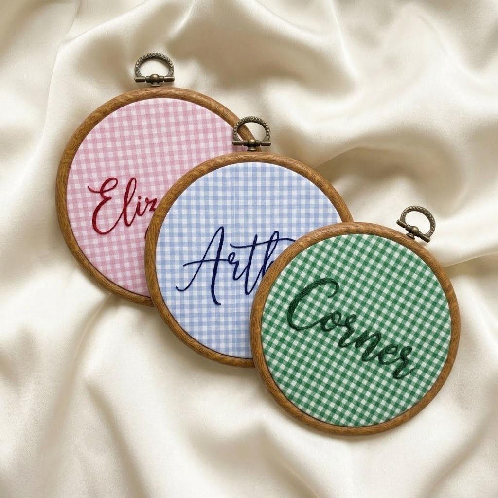 Personalized Gingham Name Ornament, Custom Embroidered Hoop Art, Baby Nursery Decor, Keepsake Newborn Gift, Christmas Tree Decor