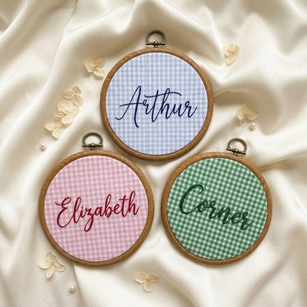 Personalized Gingham Name Ornament, Custom Embroidered Hoop Art, Baby Nursery Decor, Keepsake Newborn Gift, Christmas Tree Decor