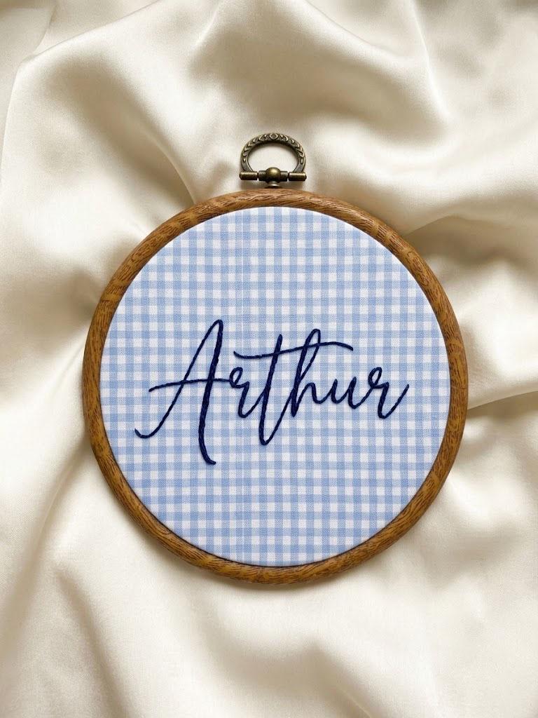 Personalized Gingham Name Ornament, Custom Embroidered Hoop Art, Baby Nursery Decor, Keepsake Newborn Gift, Christmas Tree Decor