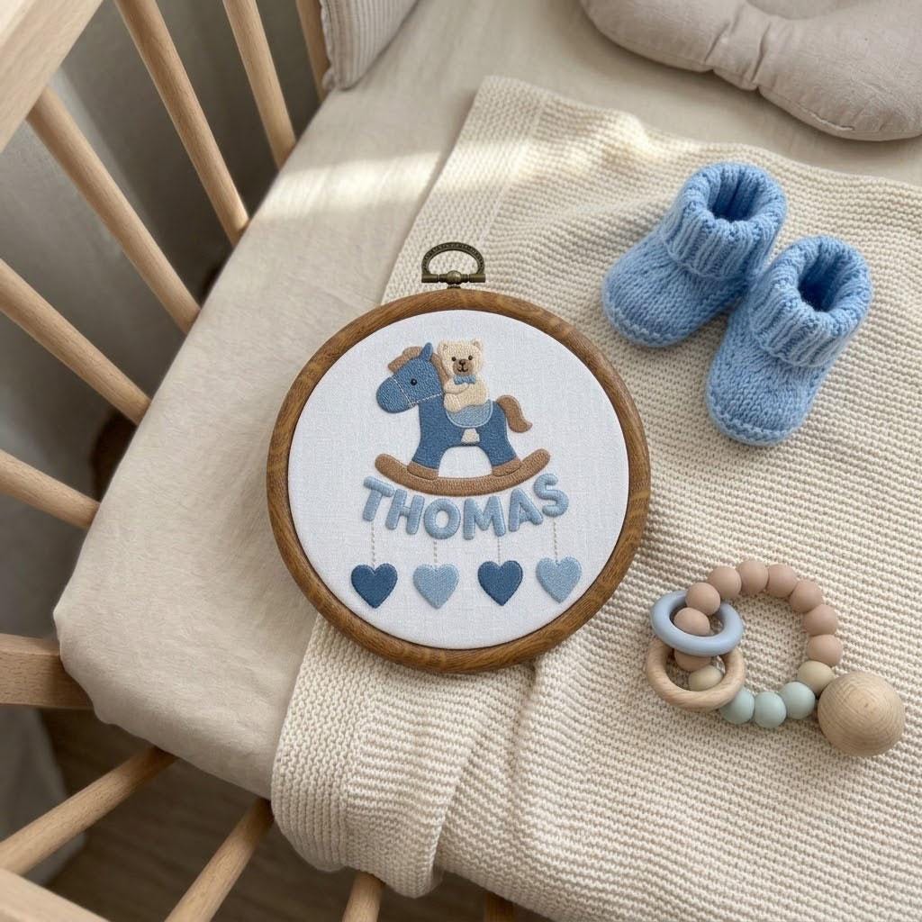 Personalized Baby Girl/ Baby Boy Name Ornament, Embroidered Rocking Horse Nursery Decor, Custom Baby Shower Gift, Boy First Christmas Gift