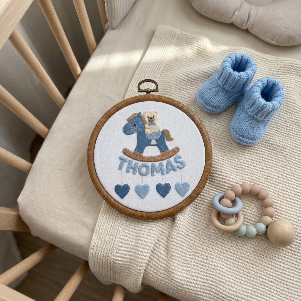 Personalized Baby Boy Name Ornament, Embroidered Rocking Horse Nursery Decor, Custom Baby Shower Gift, Boy First Christmas Tree Gift