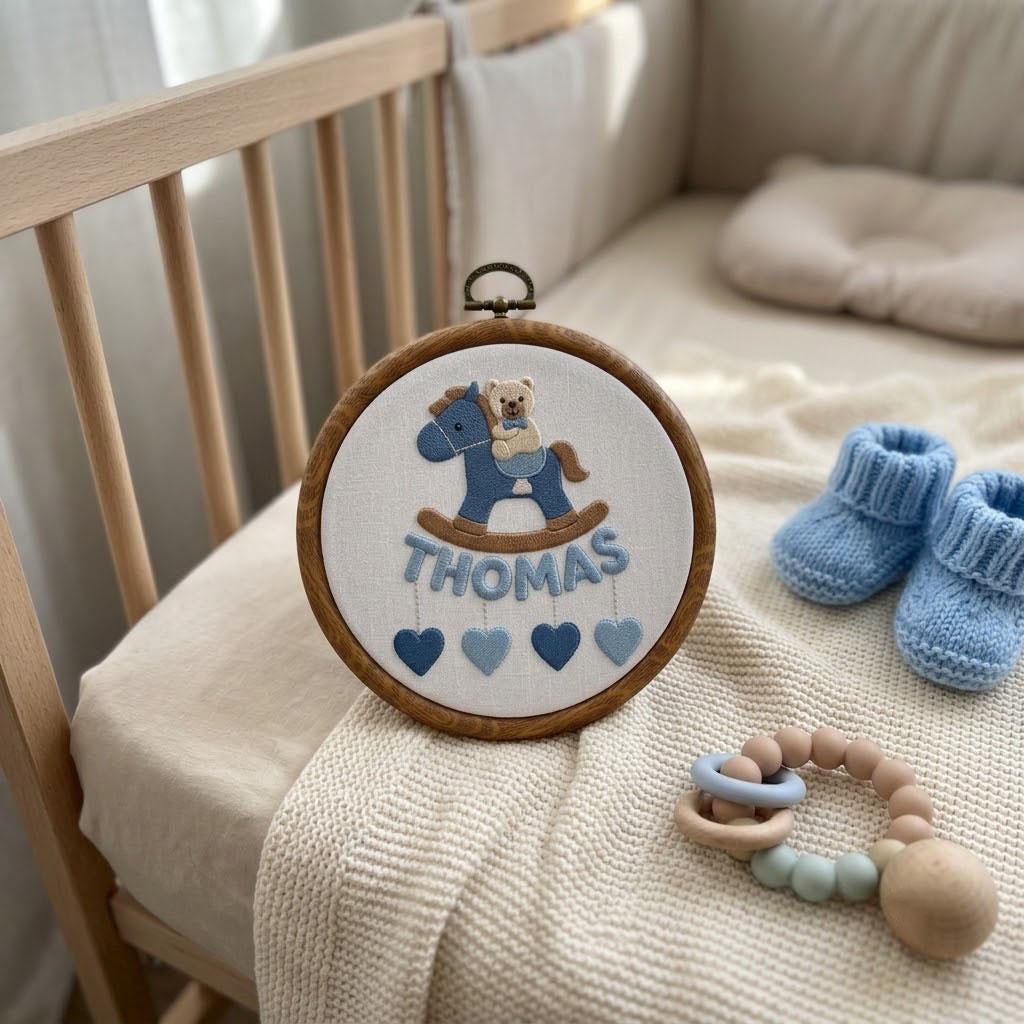 Personalized Baby Boy Name Ornament, Embroidered Rocking Horse Nursery Decor, Custom Baby Shower Gift, Boy First Christmas Tree Gift