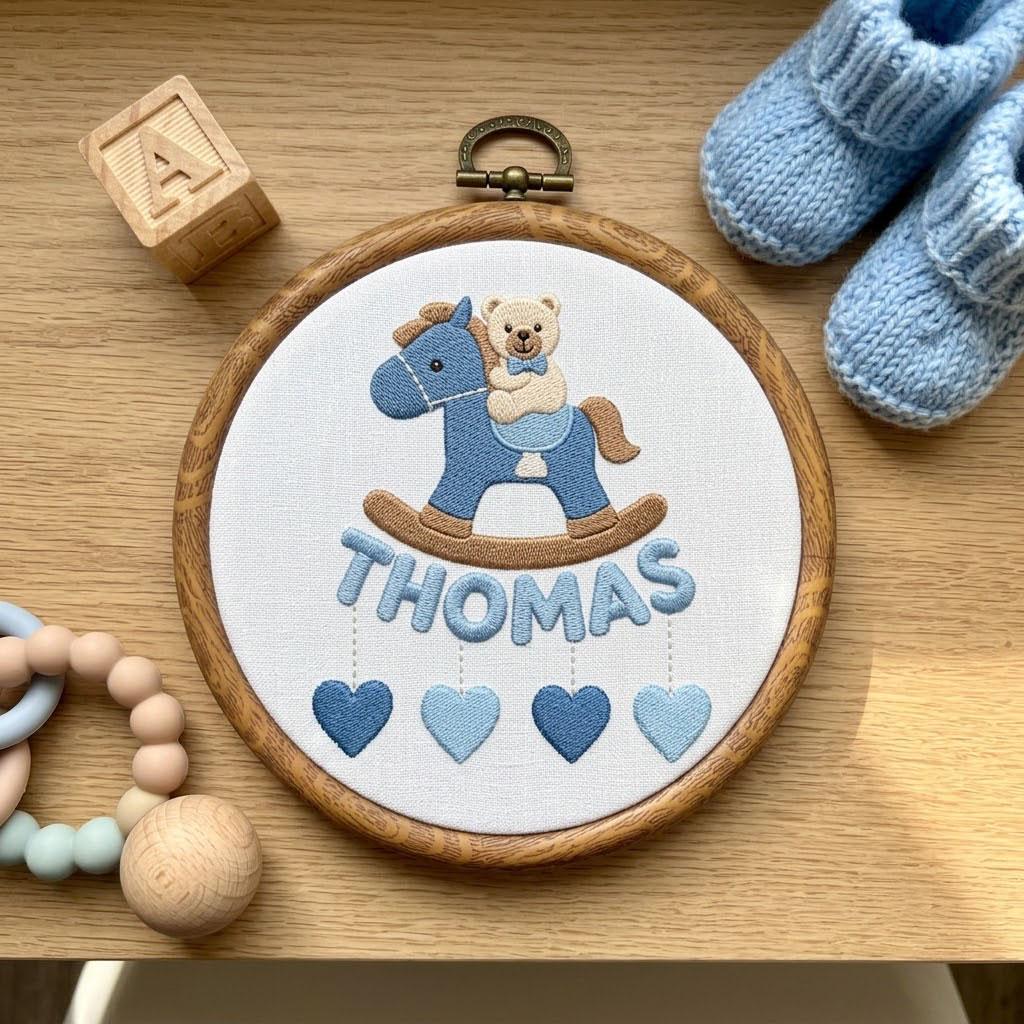 Personalized Baby Boy Name Ornament, Embroidered Rocking Horse Nursery Decor, Custom Baby Shower Gift, Boy First Christmas Tree Gift