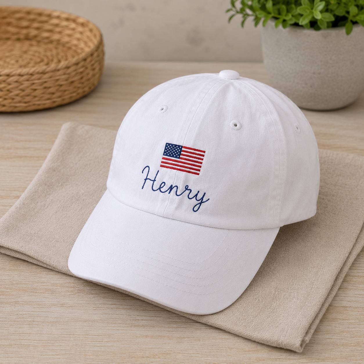 Custom Name Kids Baseball Cap with USA Flag, Embroidered Toddler Youth Patriotic Hat, Personalized 4th of July Gift, Washed Cotton Sun Cap