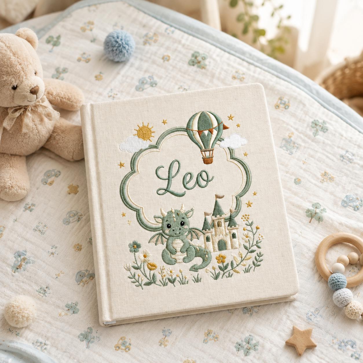 Dragon Castle Embroidered Baby Album, Personalized Custom Name Photo Book, Fairytale Baby Journal, Personalized Baby Memory Book