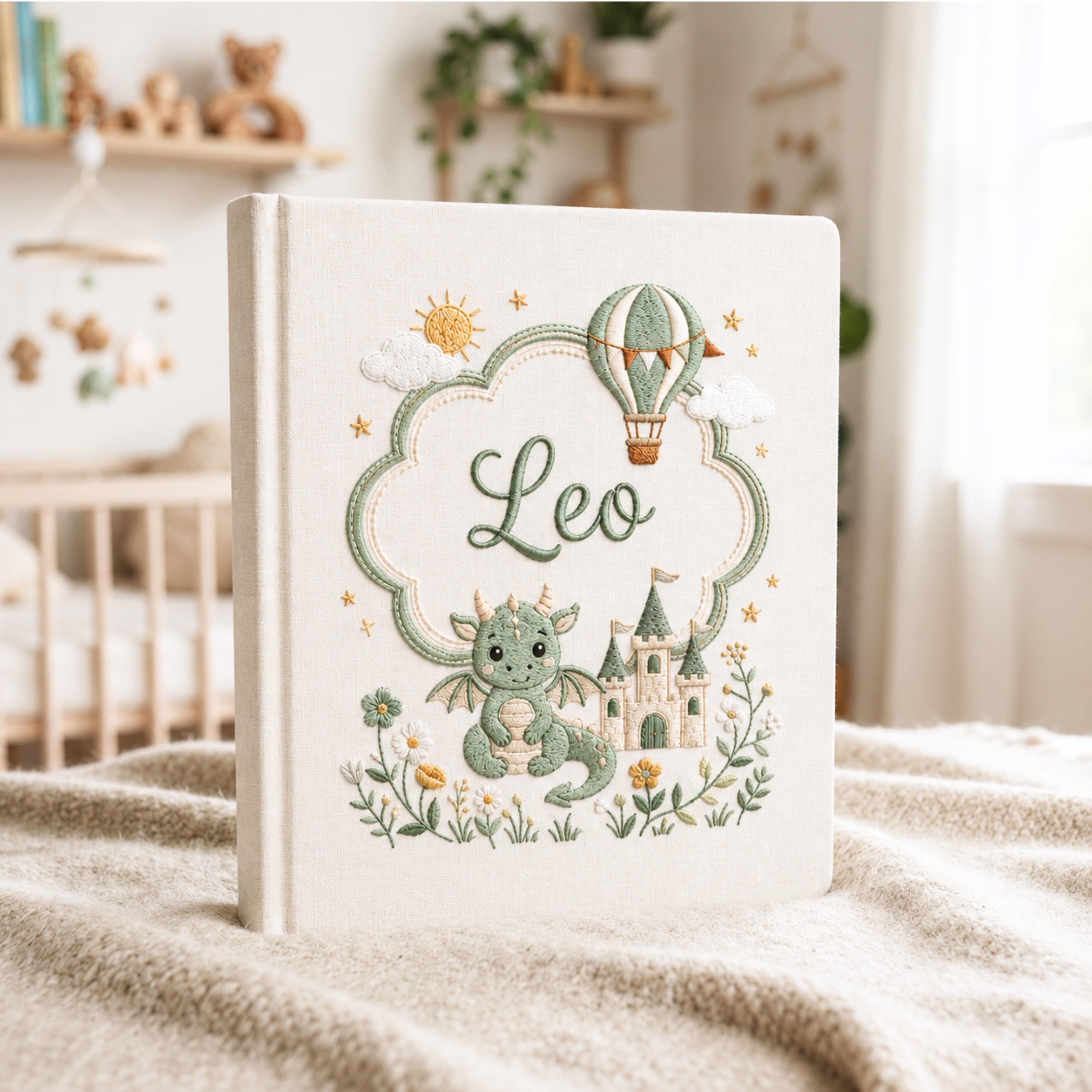 Dragon Castle Embroidered Baby Album, Personalized Custom Name Photo Book, Fairytale Baby Journal, Personalized Baby Memory Book