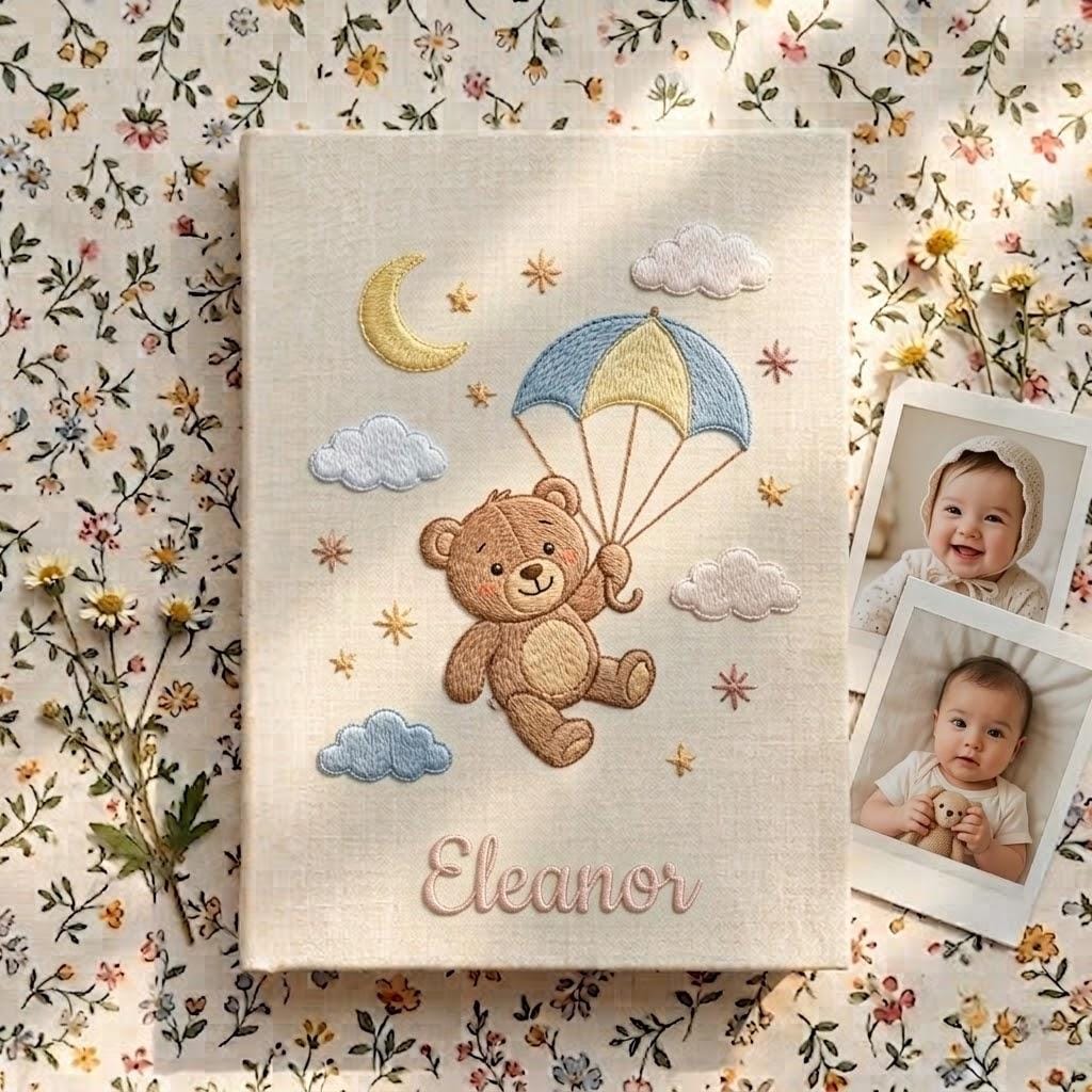Custom Embroidered Teddy Bear Baby Photo Album, Personalized Sky Theme Linen Baby Memory Book, New Mom Gift