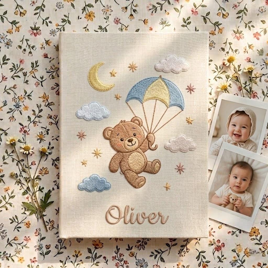 Custom Embroidered Teddy Bear Baby Photo Album, Personalized Sky Theme Linen Baby Memory Book, New Mom Gift
