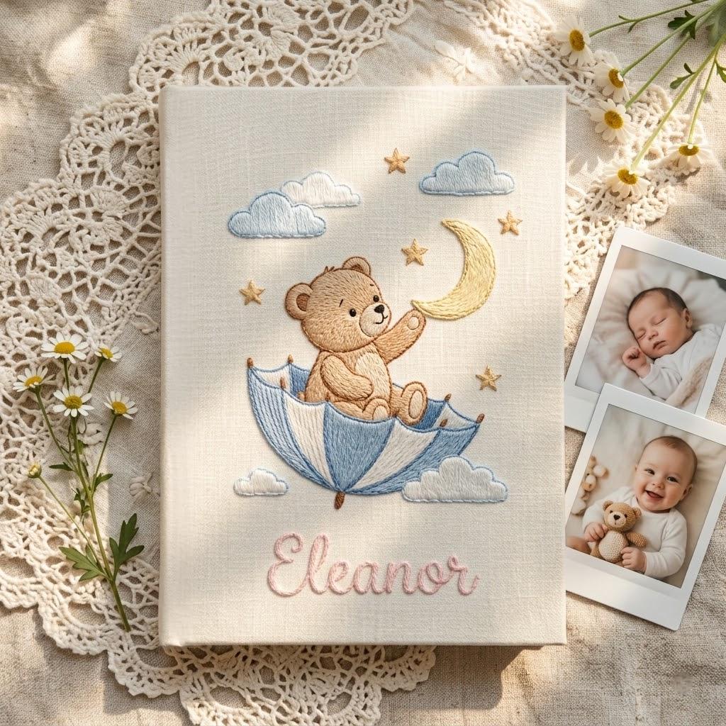 Personalized Baby Photo Album, Custom Embroidered Teddy Bear Umbrella Memory Keeper, Baby Shower Gift