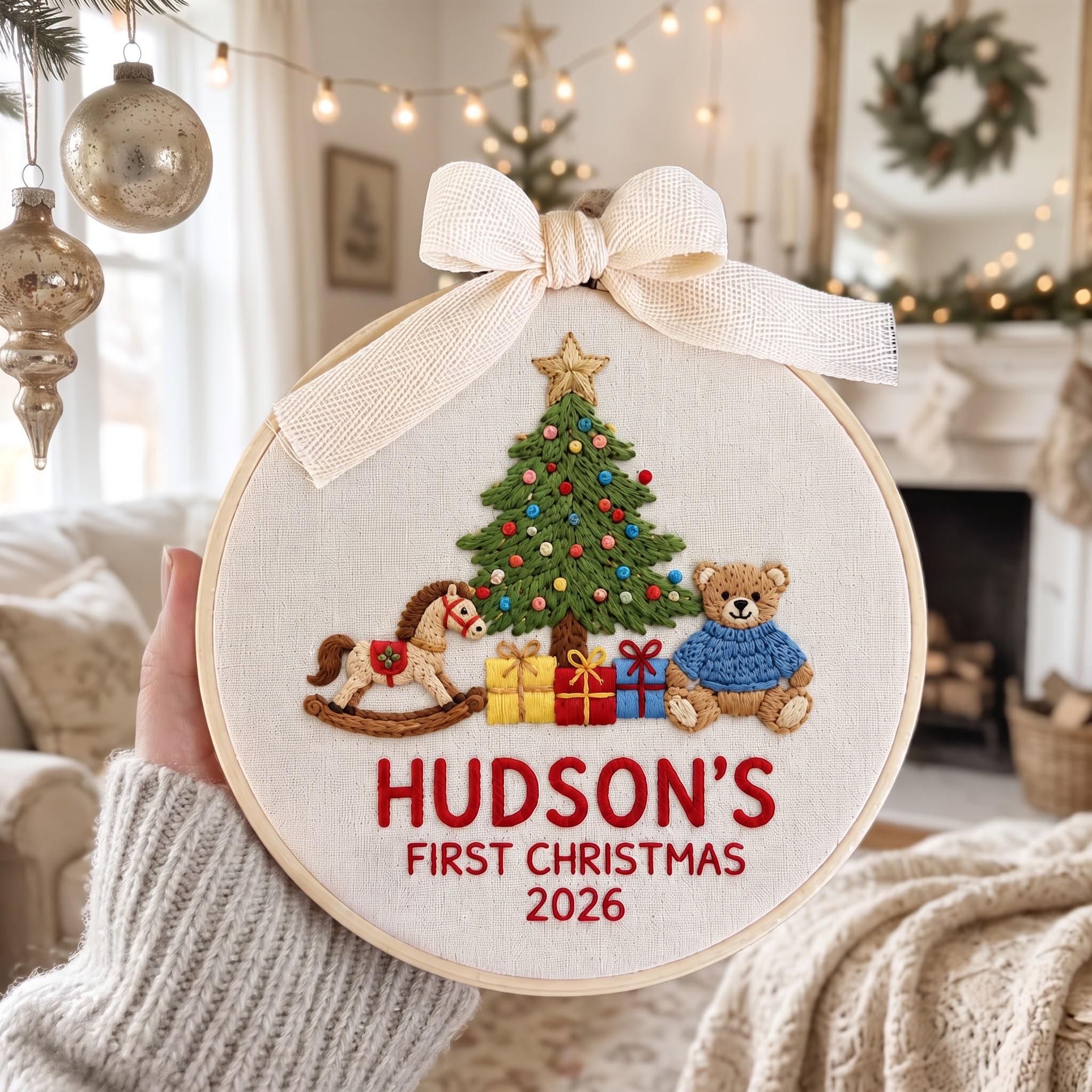 Baby First Christmas 2026 Ornament, Personalized Embroidered Hoop Keepsake, Custom Newborn Name Gift, Nursery Teddy Bear Decor