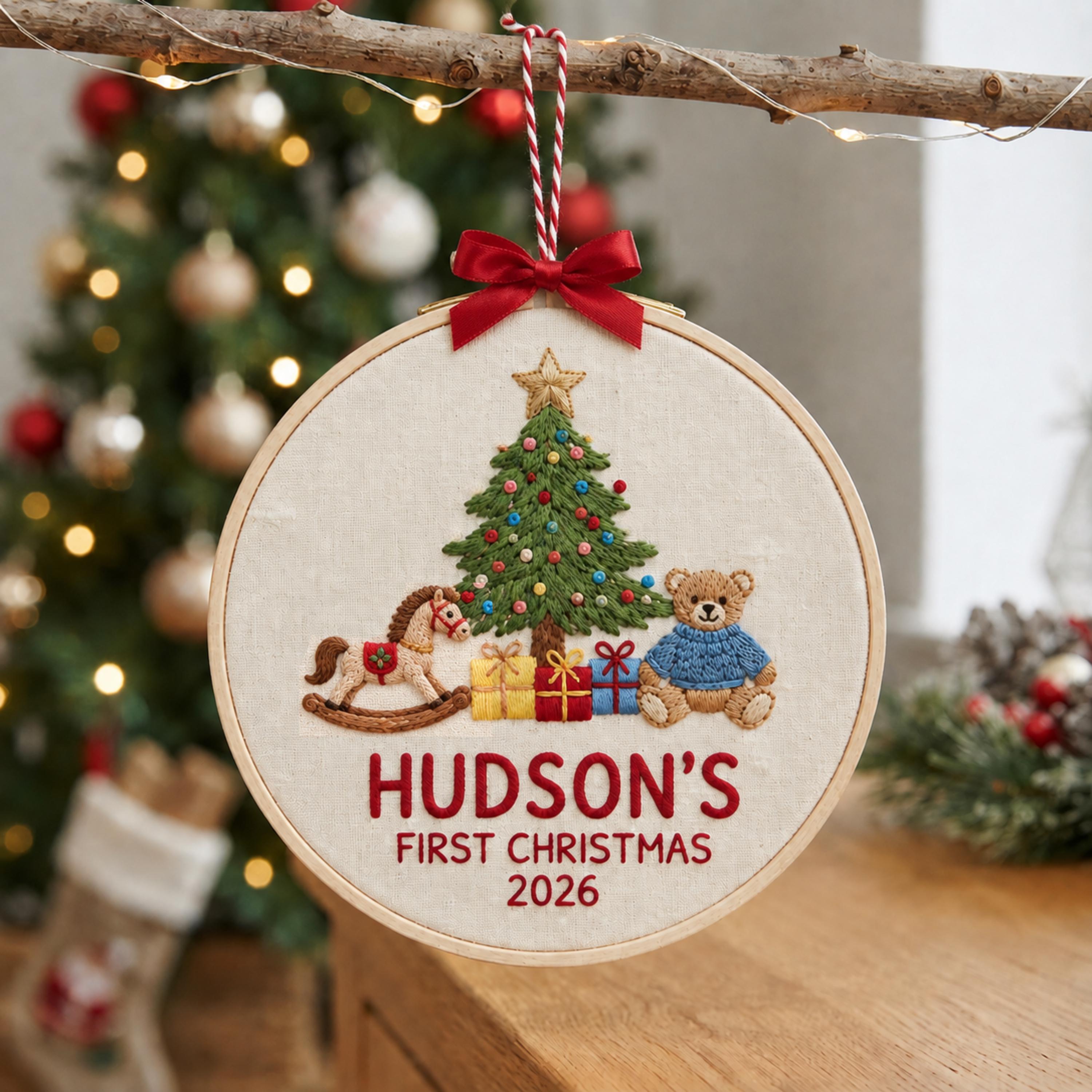 Baby First Christmas 2026 Ornament, Personalized Embroidered Hoop Keepsake, Custom Newborn Name Gift, Nursery Teddy Bear Decor
