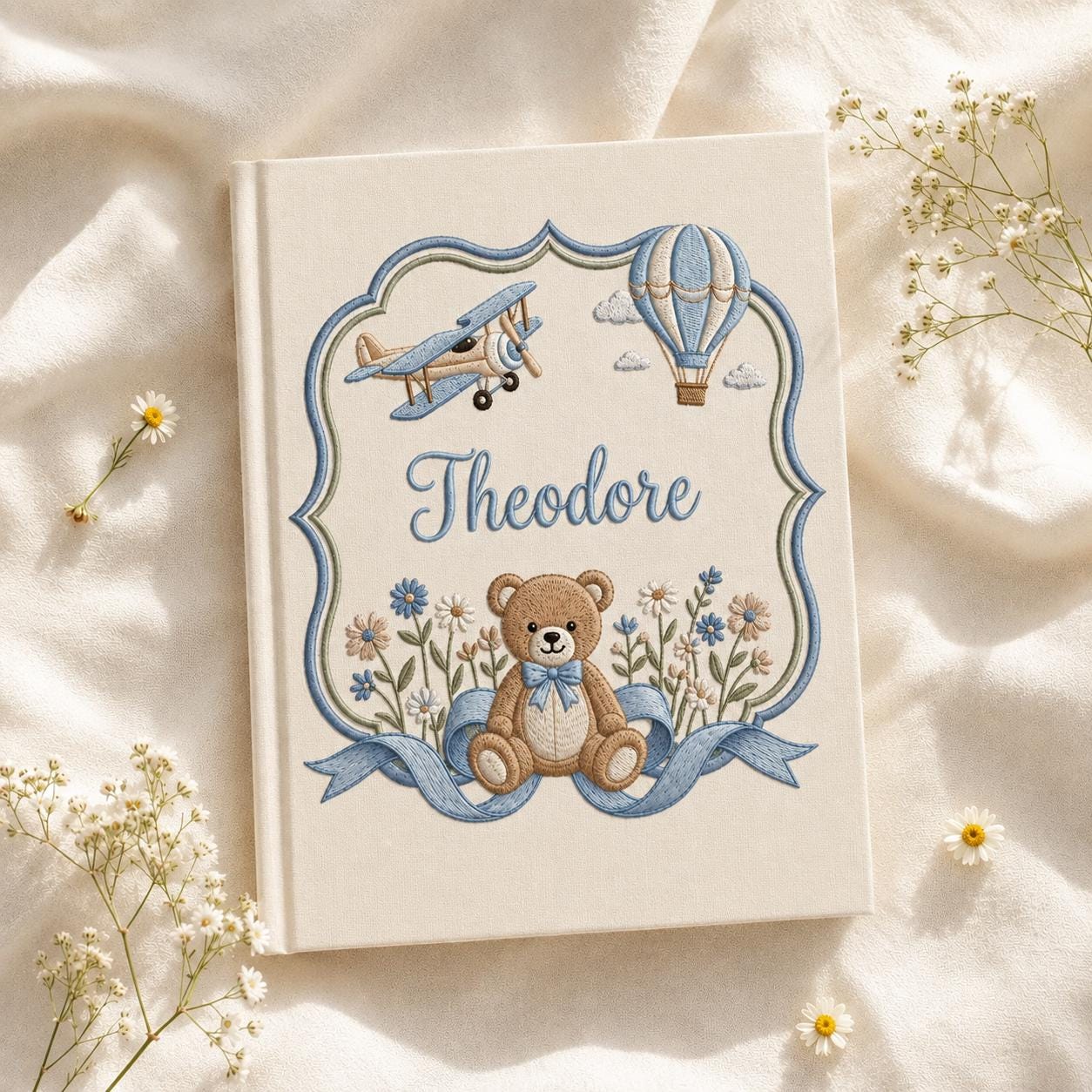 Teddy Bear Hot Air Balloon Embroidered Baby Album, Personalized Custom Name Photo Book, Newborn Memory Keepsake, Baby Shower Gift