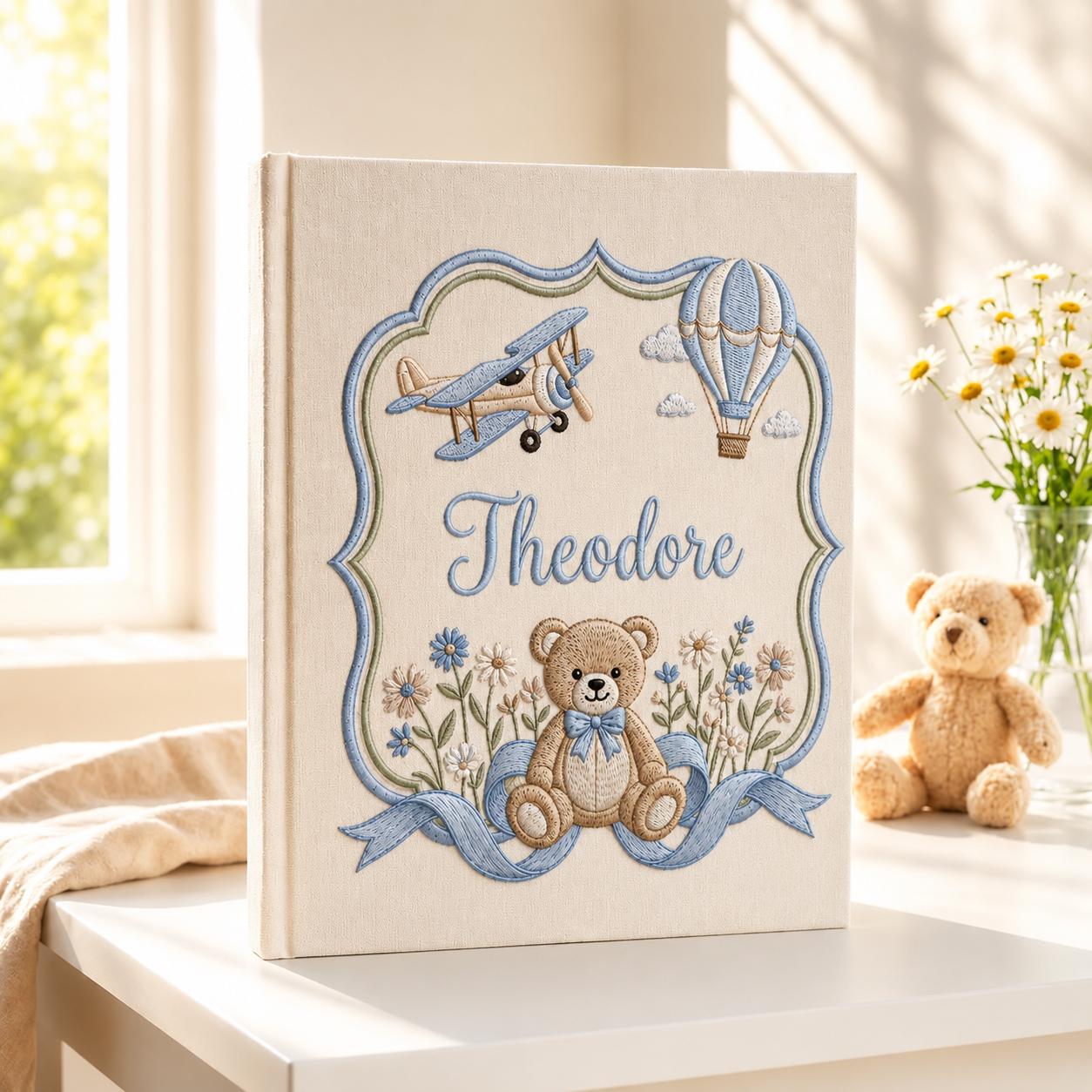 Teddy Bear Hot Air Balloon Embroidered Baby Album, Personalized Custom Name Photo Book, Newborn Memory Keepsake, Baby Shower Gift