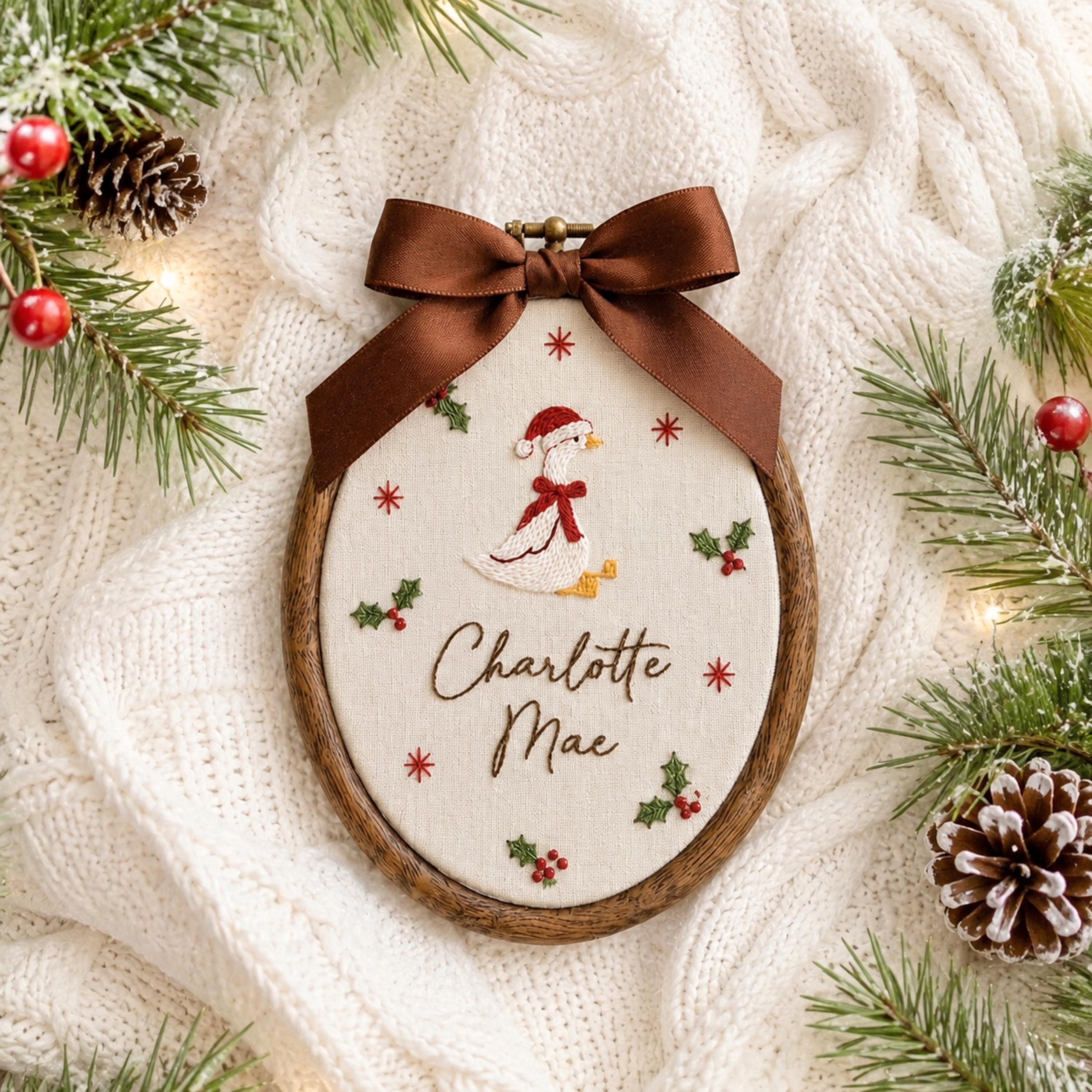 Personalized Christmas Goose Embroidery Hoop Ornament, Custom Baby Name Nursery Hoop, Handmade Holiday Keepsake, Baby First Christmas Gift