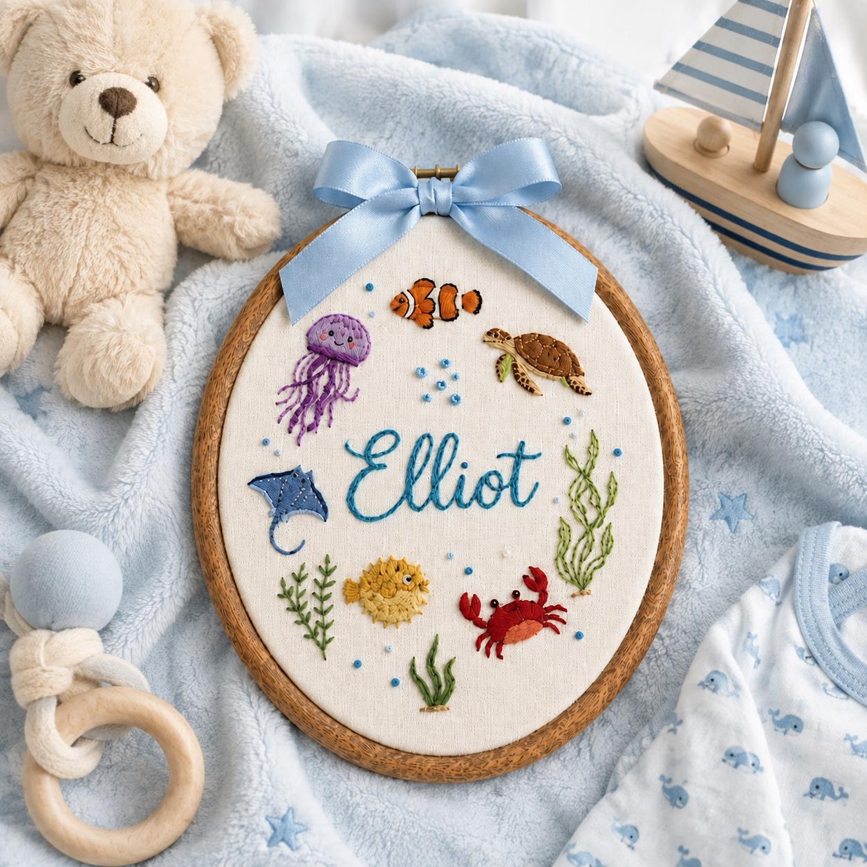 Personalized Ocean Embroidery Hoop, Under the Sea Nursery Decor, Custom Baby Name Embroidery, Sea Animals Wall Art, Baby Shower Gift