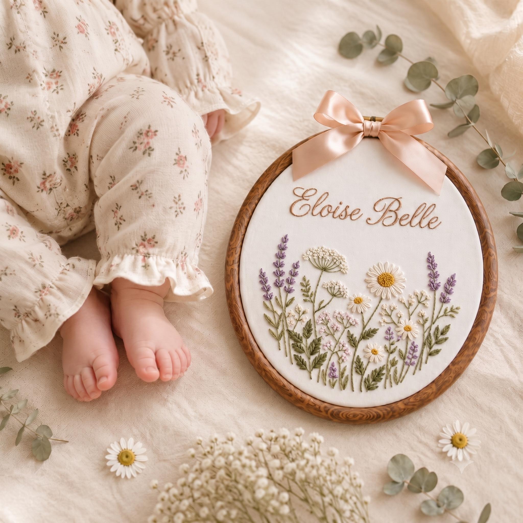 Personalized Floral Baby Name Embroidered Sign, Custom Baby Nursery Name Hoop, Floral Baby Shower Wall Art, Newborn Name Announcement Gift